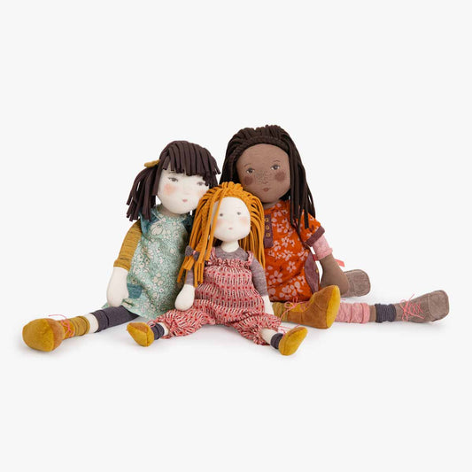 Set of three Moulin Roty Camelia fabric dolls with floral dresses and lace leggings