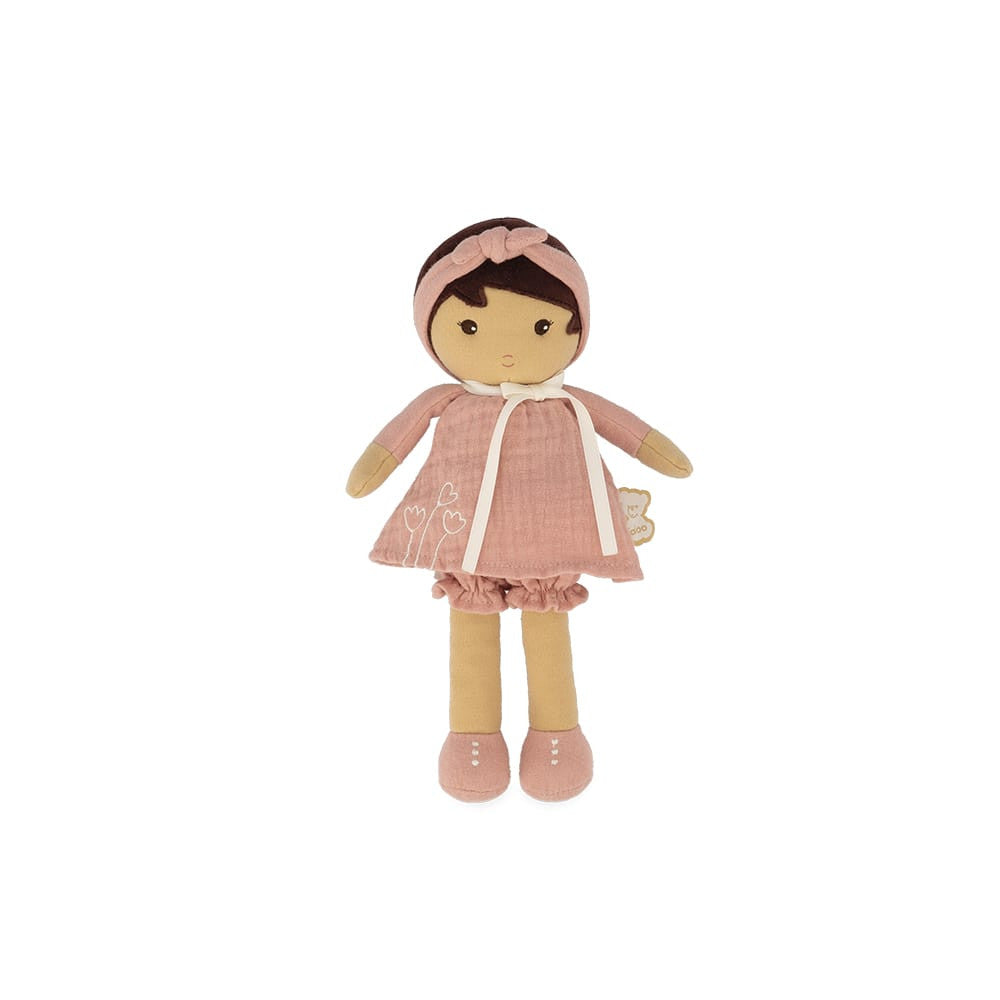 Kaloo Amandine 25cm fabric doll in pink cotton dress with embroidered tulips