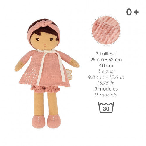 Kaloo Amandine size chart and 30C machine washable care label for 25cm doll