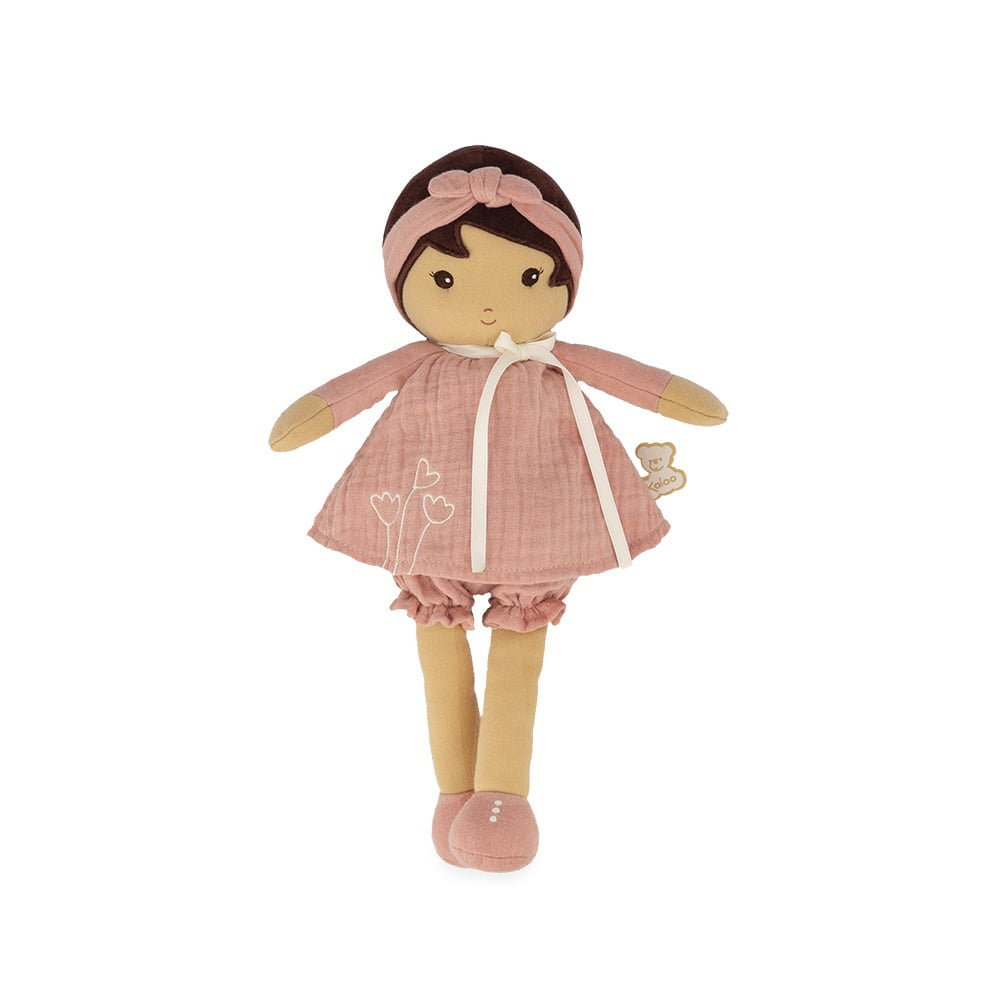 Kaloo Amandine 32cm huggable cloth doll in pink ruffled dress with white tulip embroidery