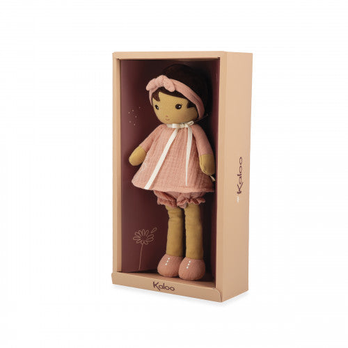 Kaloo Amandine doll in retail packaging box with clear front panel and dandelion design