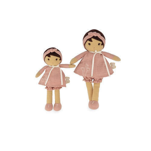 Size comparison of small and large Kaloo Amandine cloth dolls in matching pink outfits
