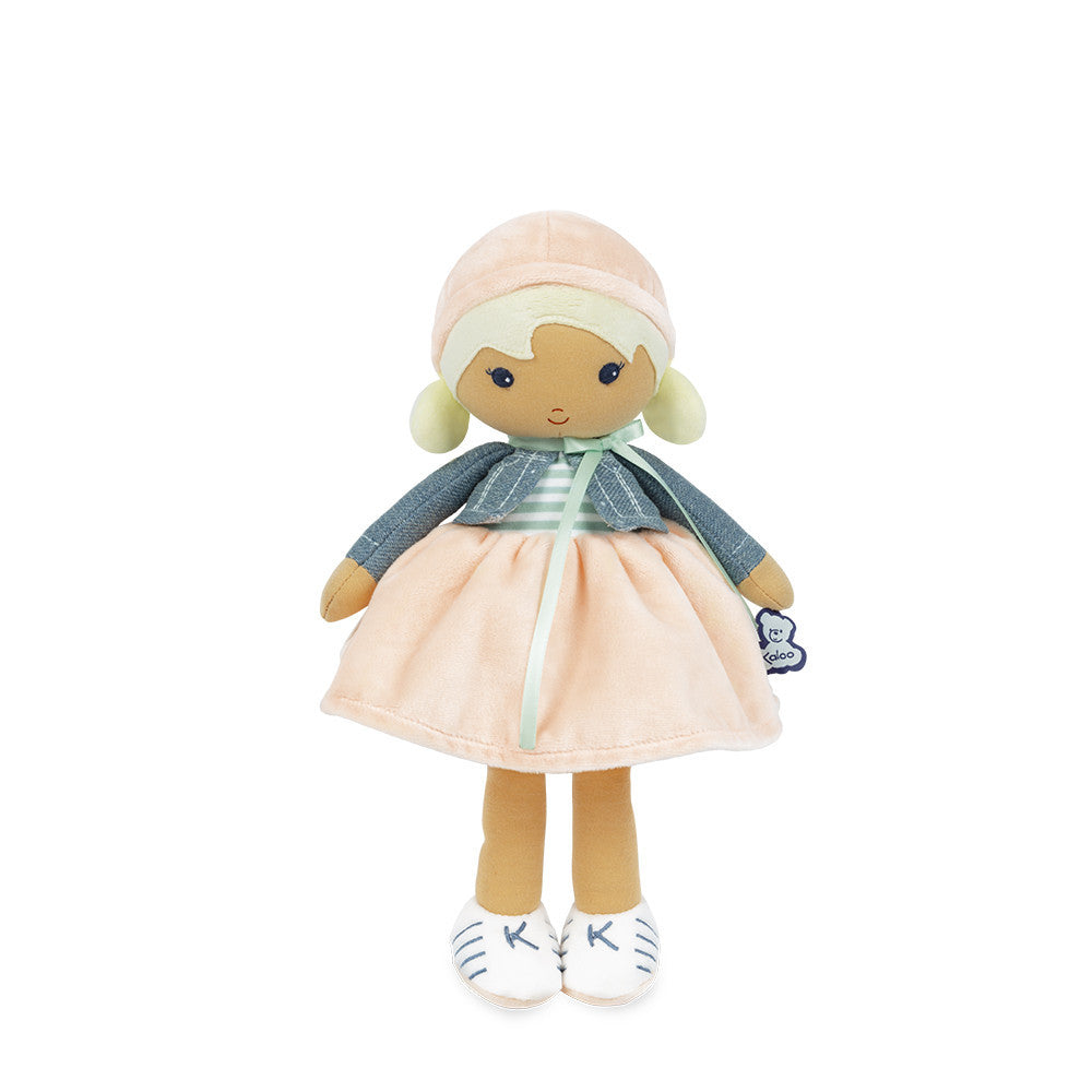 KALOO Chloé 25cm fabric doll in peach hat, blue textured jacket and striped shirt