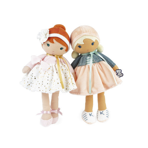 KALOO Chloé fabric doll with peach skirt and blue jacket alongside polka dot dress doll