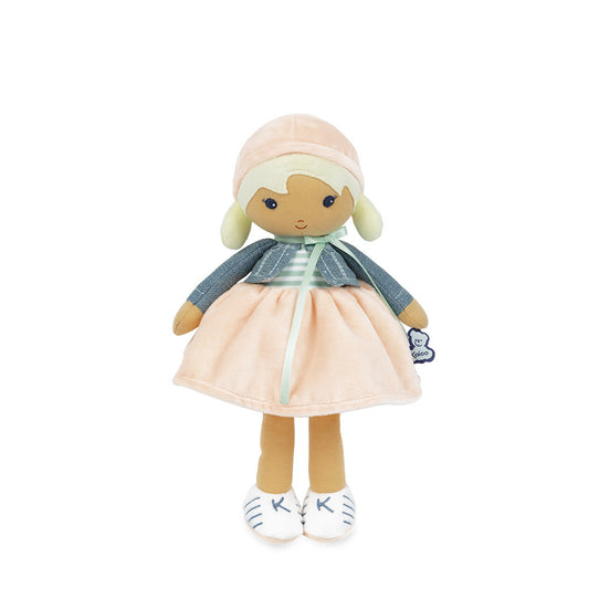 Kaloo Chloé 32 cm plush doll in peach skirt and denim jacket