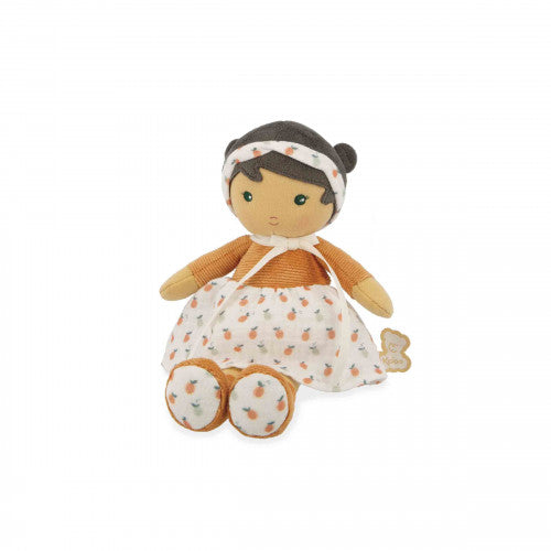 Front view of seated Kaloo Éloise 25 cm fabric doll in orange corduroy outfit