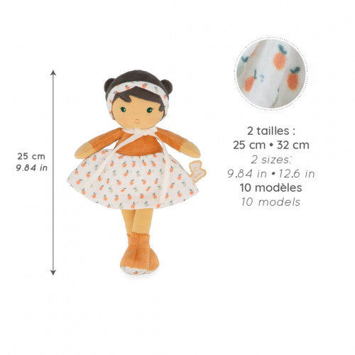 Size comparison chart for Kaloo Éloise 25 cm fabric doll with measurement line