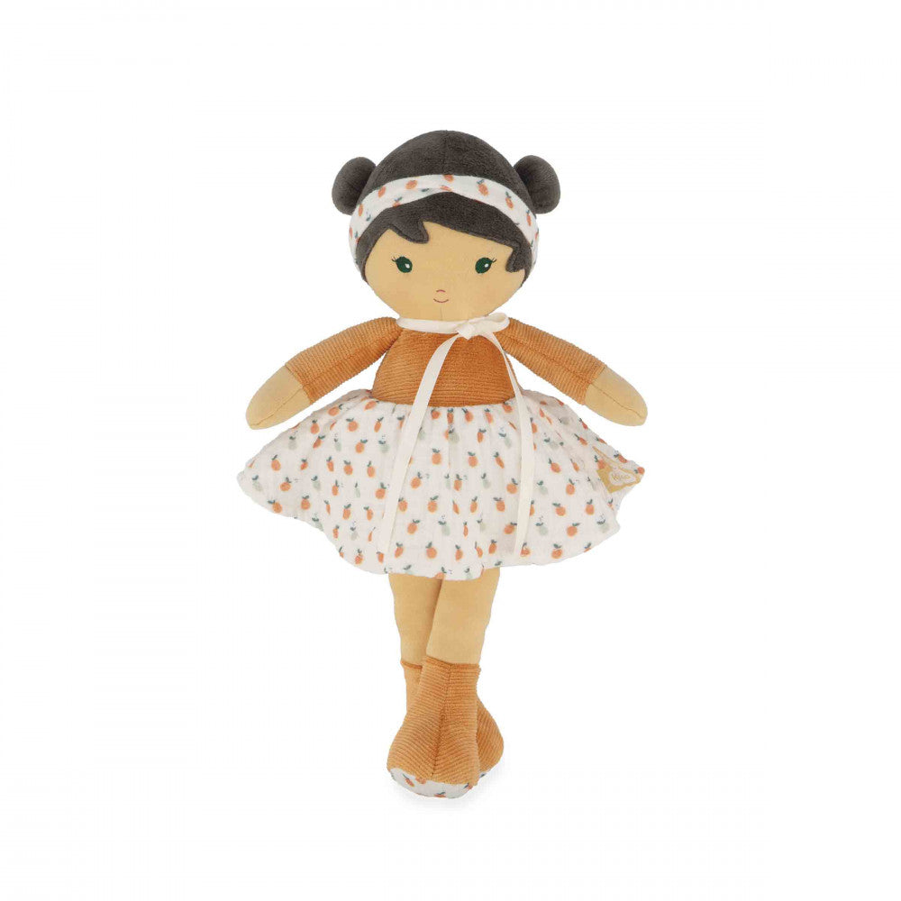 Kaloo Eloise 32cm fabric doll with orange corduroy top and pineapple print skirt
