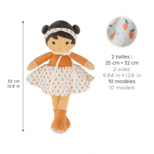 Kaloo Eloise 32cm size chart with close-up of pineapple fabric detail
