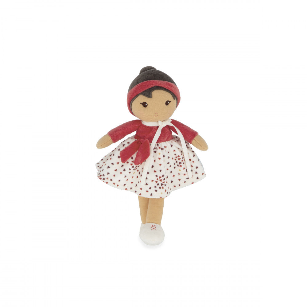 Kaloo Émilie 25cm fabric doll standing with red bow, heart skirt, and white shoes