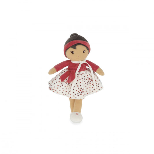 Kaloo Émilie 25cm fabric doll standing with red bow, heart skirt, and white shoes