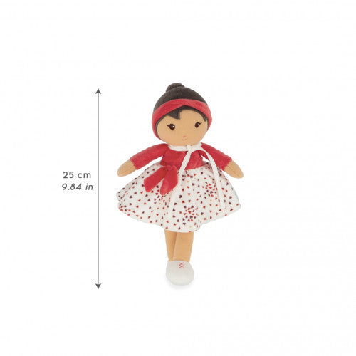Kaloo Émilie 25cm tall fabric doll with red headband and heart skirt detail