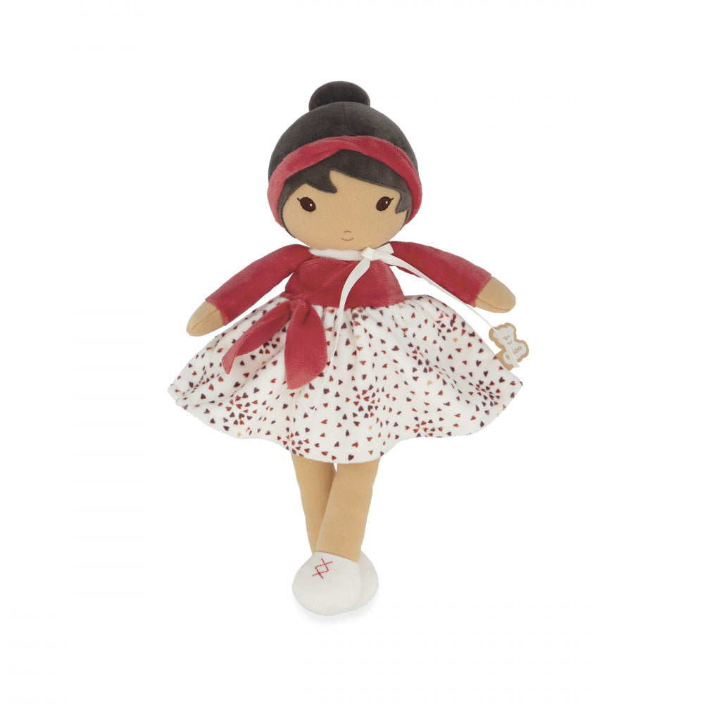 Front view of Kaloo Émilie 32 cm doll with red cross-stitch shoes
