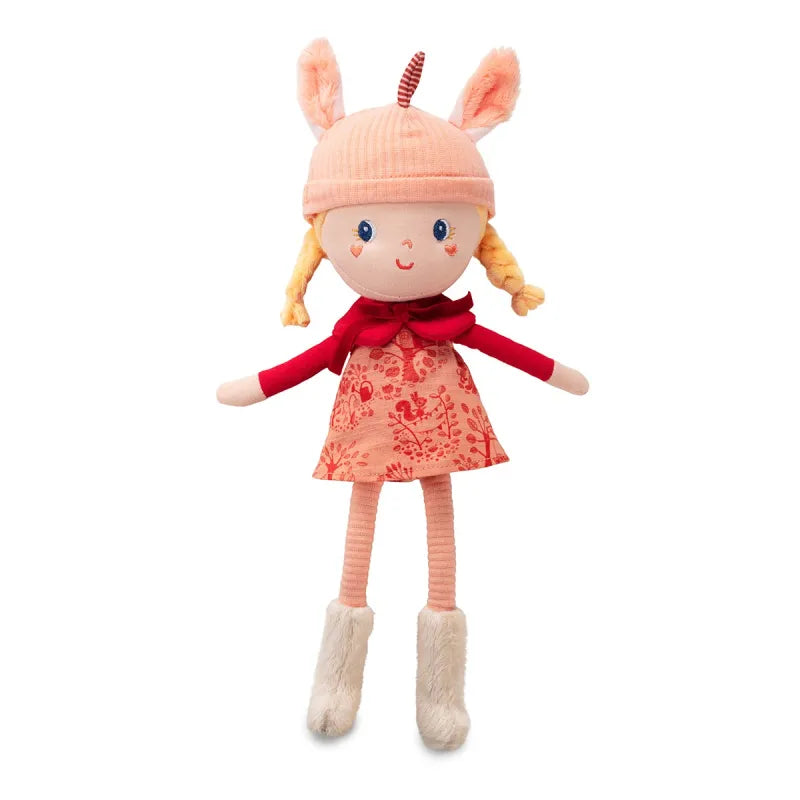 Lena fabric doll with blonde braids, red top, peach floral skirt, and white fuzzy boots