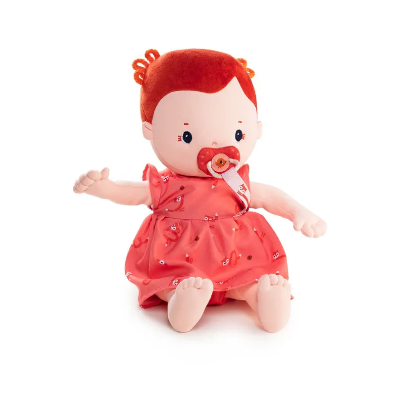 Rose plush doll wearing pacifier with coral fox pattern dress and diaper set