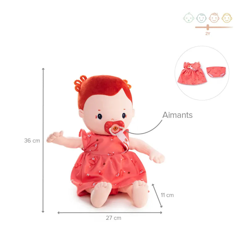 Rose fabric doll size chart showing 36 cm height and magnetic pacifier