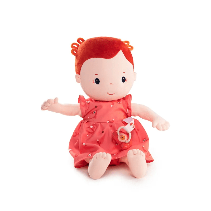 Rose fabric doll with orange curly hair in coral fox print dress and pacifier