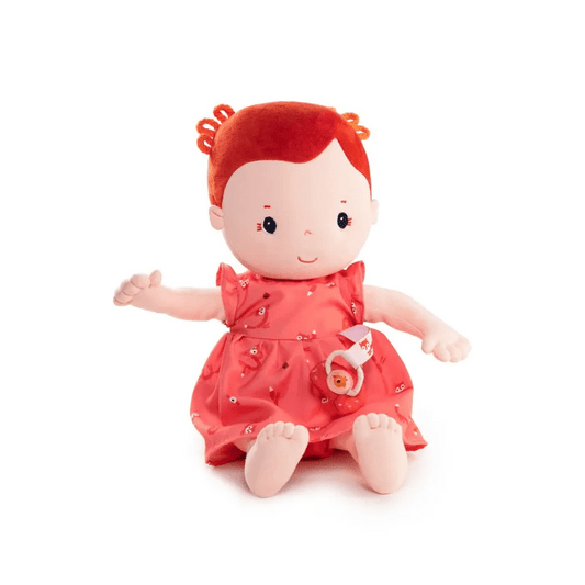 Rose fabric doll with orange curly hair in coral fox print dress and pacifier
