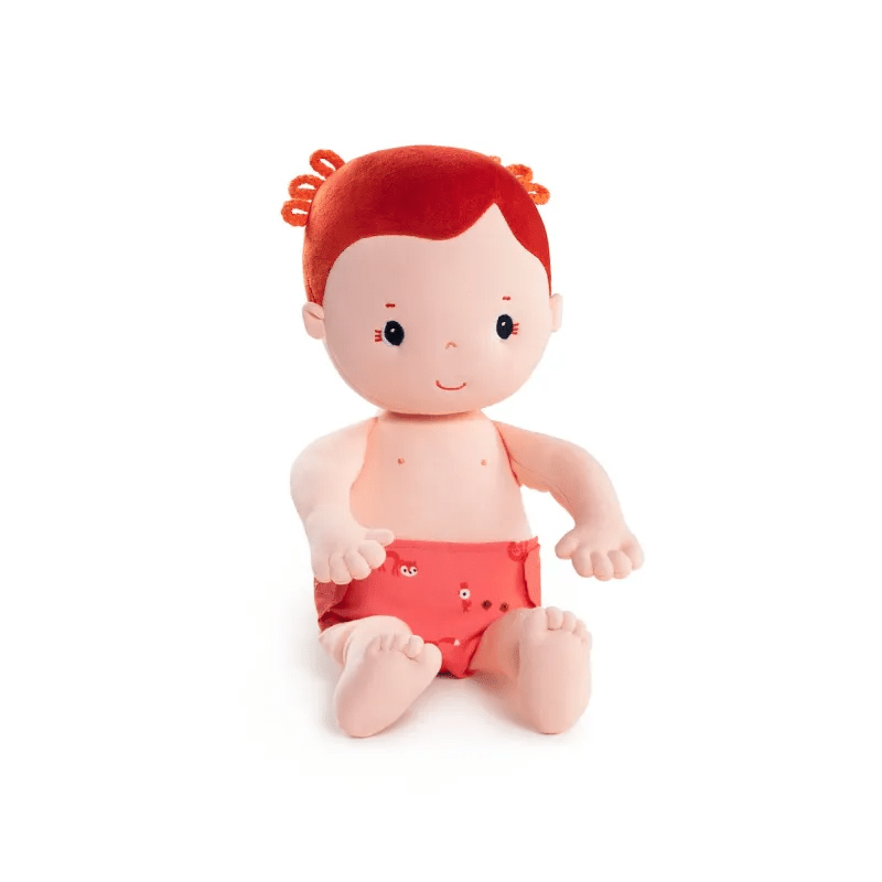 Rose fabric doll with red curly buns in red fox print diaper