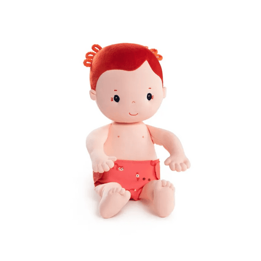 Rose fabric doll with red curly buns in red fox print diaper