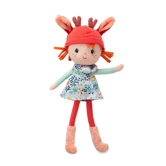 Lilliputiens Stella 32cm plush doll with coral antler hat, green sleeves, and floral skirt