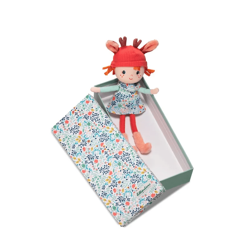 Lilliputiens Stella 32cm fabric doll in floral dress with red corduroy hood and antlers inside gift box