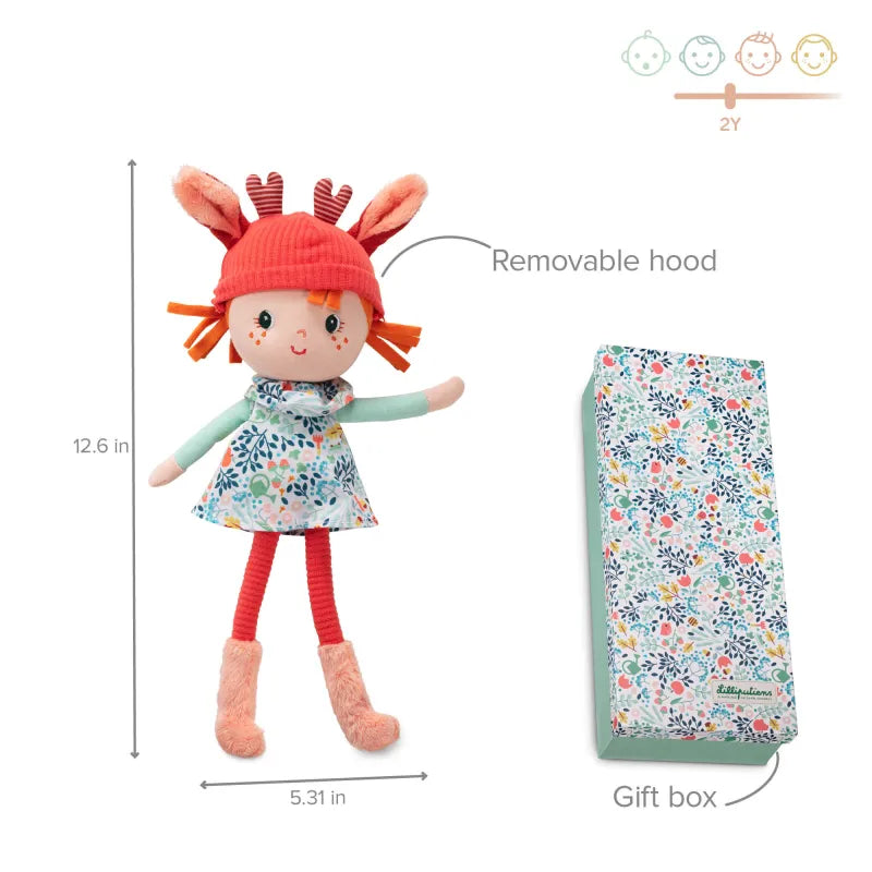 Lilliputiens Stella 12.6 inch fabric doll with removable hood and gift box showing dimensions