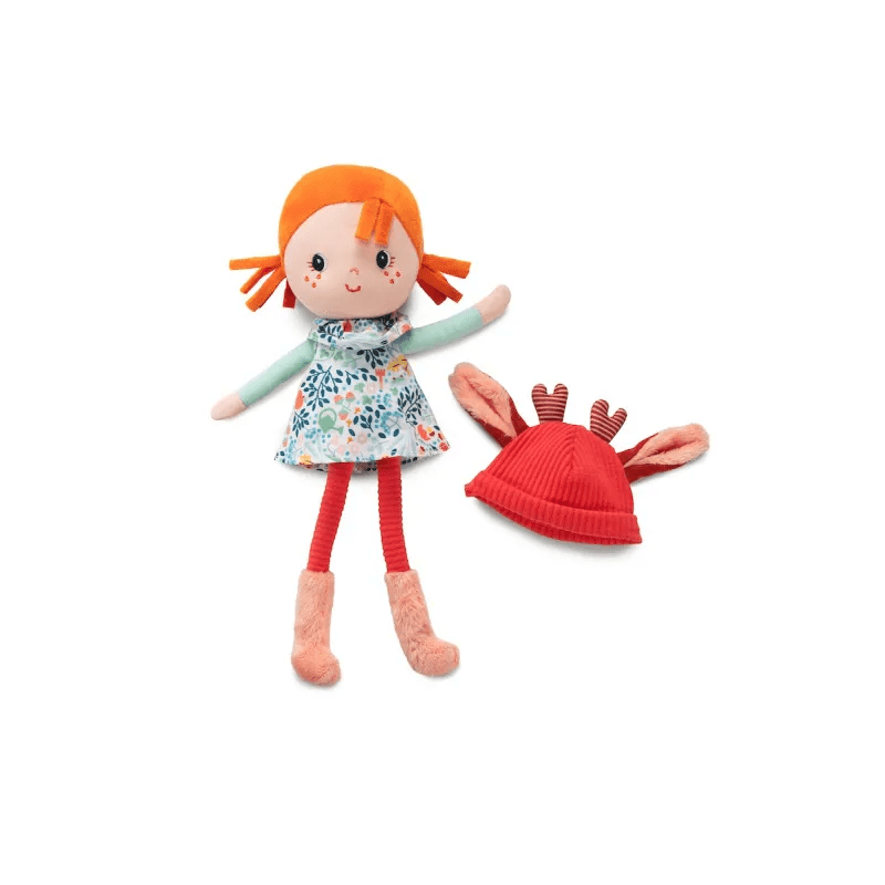 Lilliputiens Stella plush doll with removable red corduroy antler hood and floral dress on white background