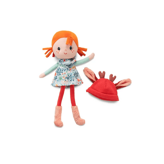 Lilliputiens Stella plush doll with removable red corduroy antler hood and floral dress on white background