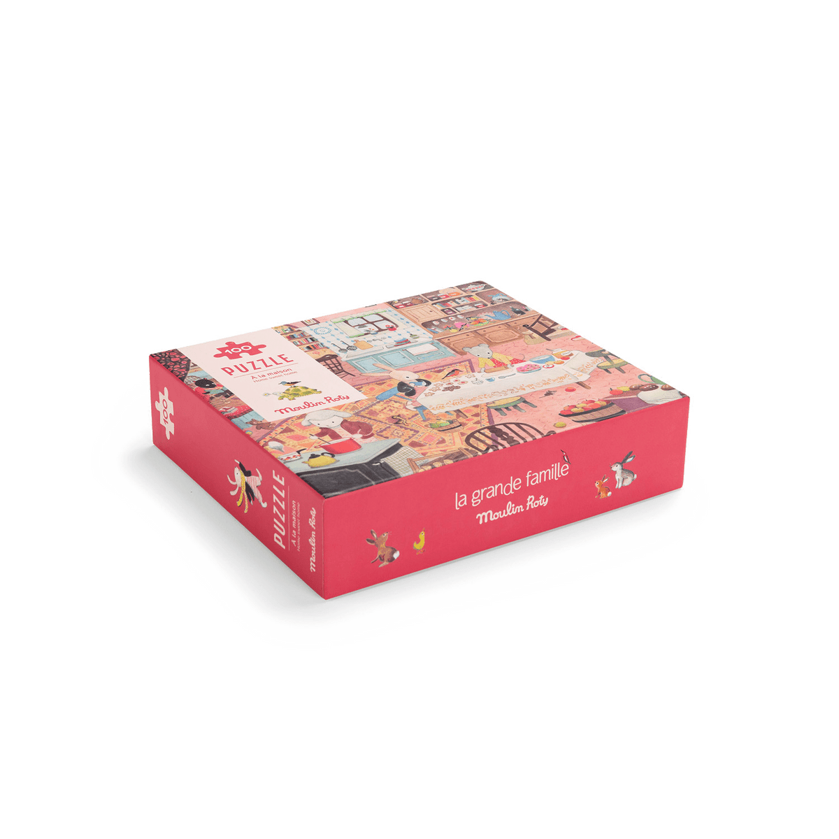 Top view of pink Moulin Roty 100-piece puzzle box featuring animal illustrations