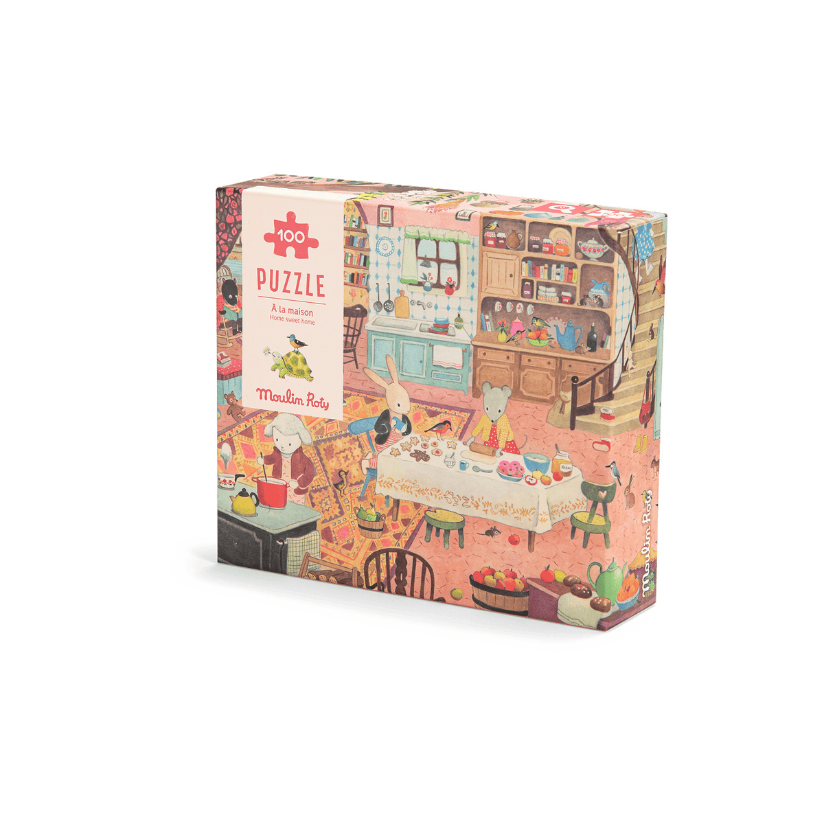 Angled view of Moulin Roty 100-piece animal family puzzle box with colorful artwork