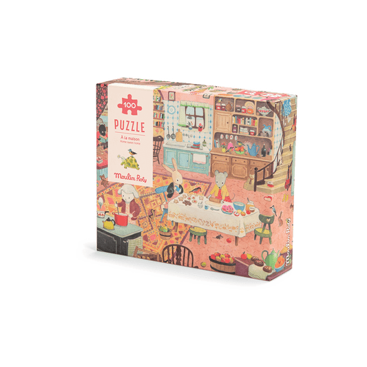 Angled view of Moulin Roty 100-piece animal family puzzle box with colorful artwork