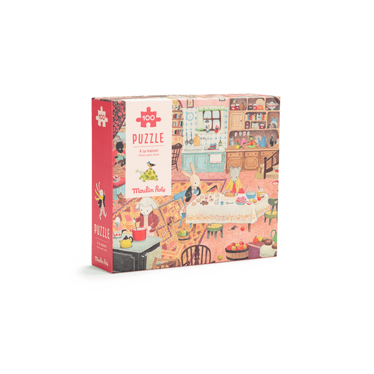 Front view of Moulin Roty 'Home Sweet Home' 100-piece jigsaw puzzle for kids