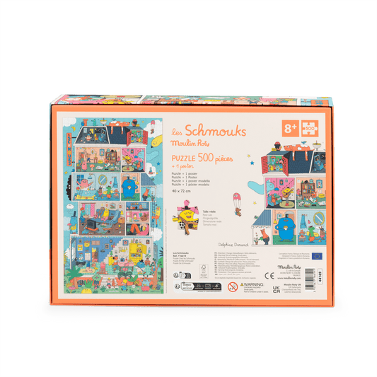 Back of Moulin Roty Les Schmouks puzzle box showing 500-piece count, age 8+, and poster inclusion