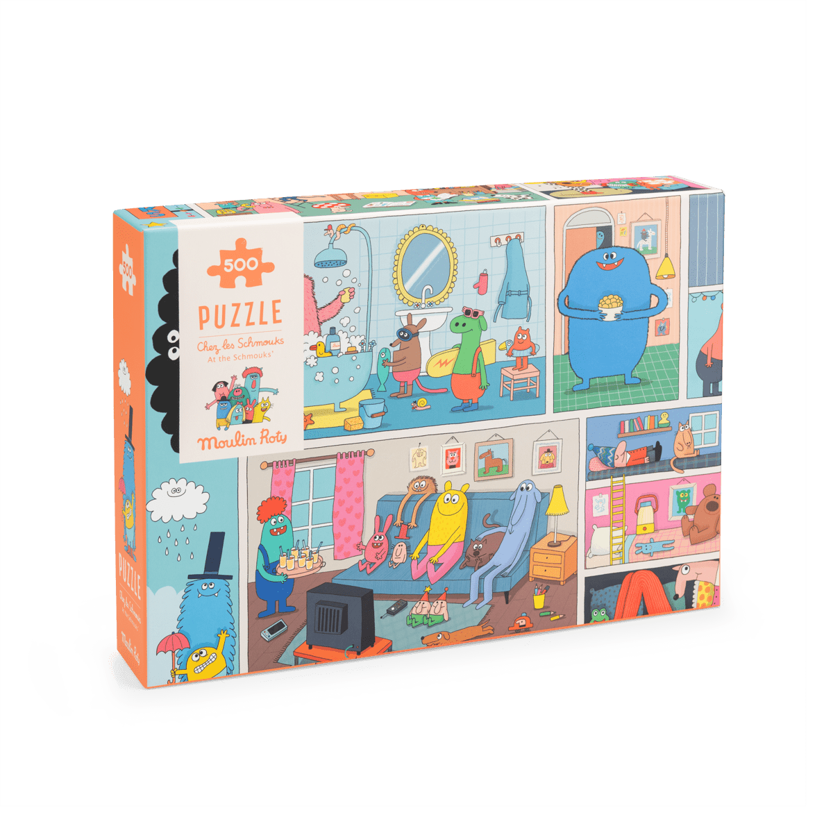 Front view of Moulin Roty Les Schmouks puzzle box packaging featuring 500-piece illustration