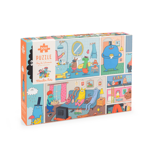 Front view of Moulin Roty Les Schmouks puzzle box packaging featuring 500-piece illustration