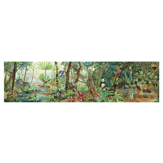Completed Moulin Roty 350-piece tropical forest jigsaw puzzle panoramic view