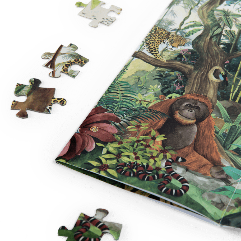 Moulin Roty 350-piece rainforest puzzle detail showing orangutan and snake