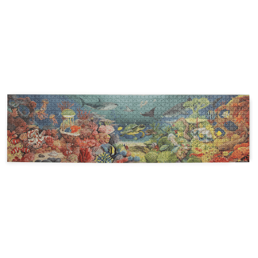 Assembled 1000-piece Moulin Roty Coral Reef puzzle featuring sea turtle, clownfish, and vibrant marine ecosystem