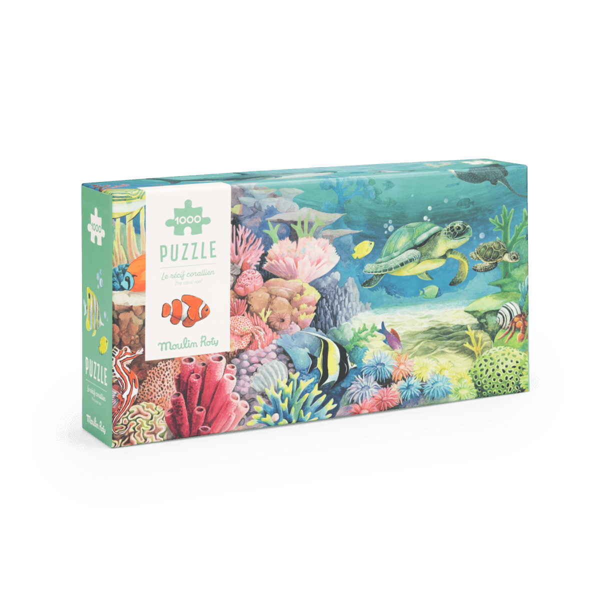 Front view of Moulin Roty Coral Reef 1000-piece puzzle box with sea turtle and tropical fish artwork