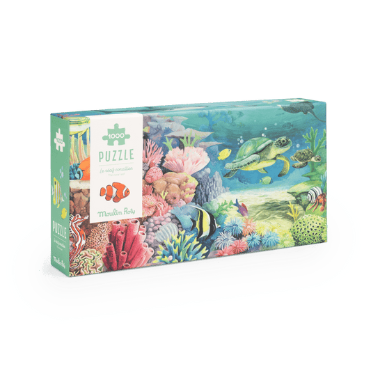 Front view of Moulin Roty Coral Reef 1000-piece puzzle box with sea turtle and tropical fish artwork