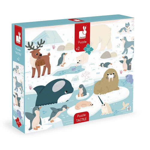 JANOD tactile puzzle box front view for ages 2+ featuring polar scene