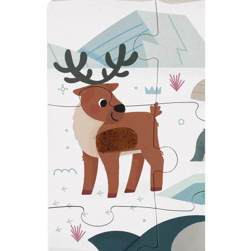 Reindeer puzzle piece with brown textured fur against icy background