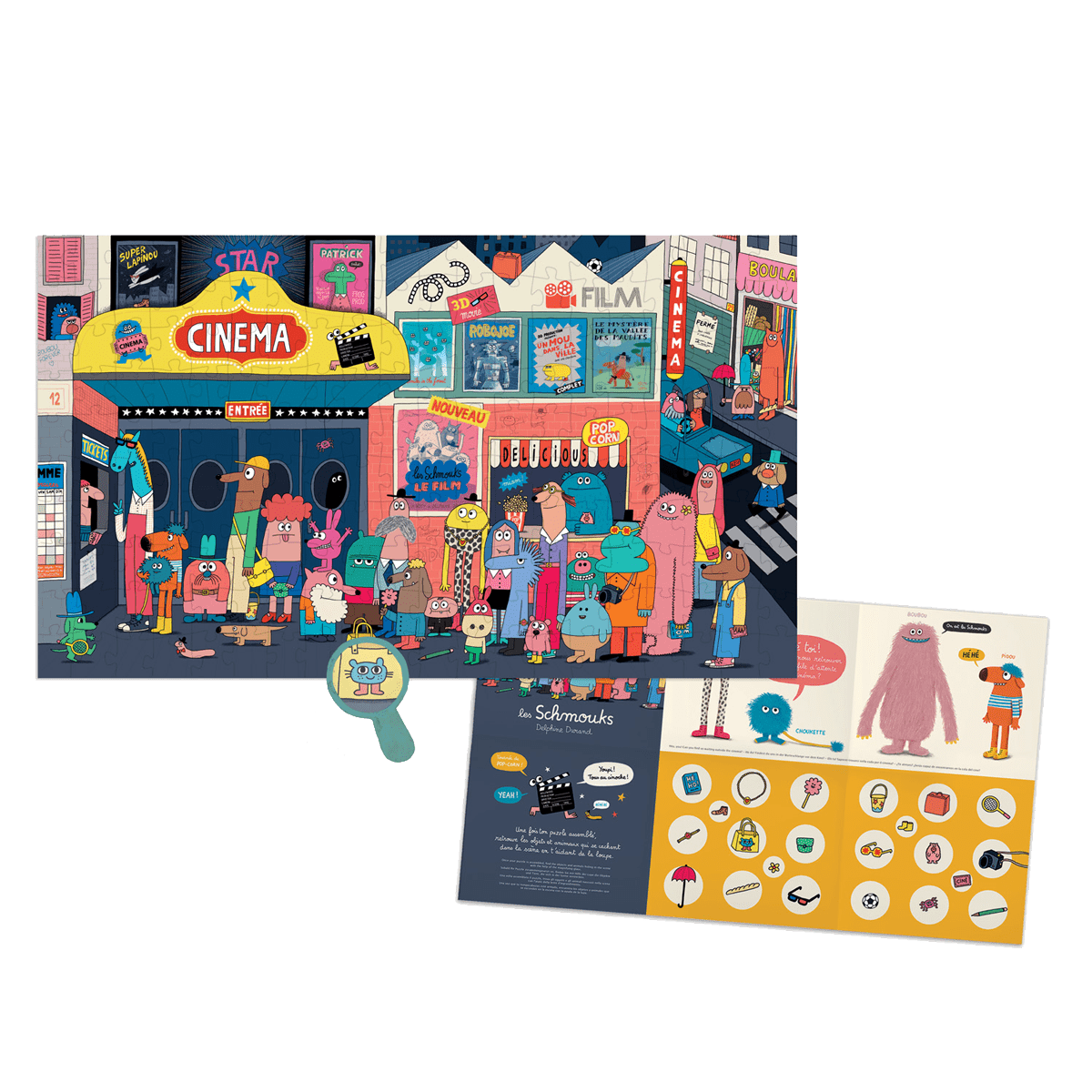 Les Schmouks jigsaw puzzle with included magnifying glass and hidden object guide booklet