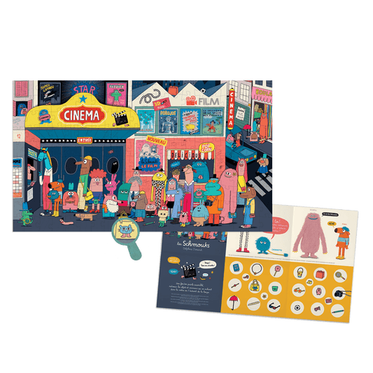 Les Schmouks jigsaw puzzle with included magnifying glass and hidden object guide booklet