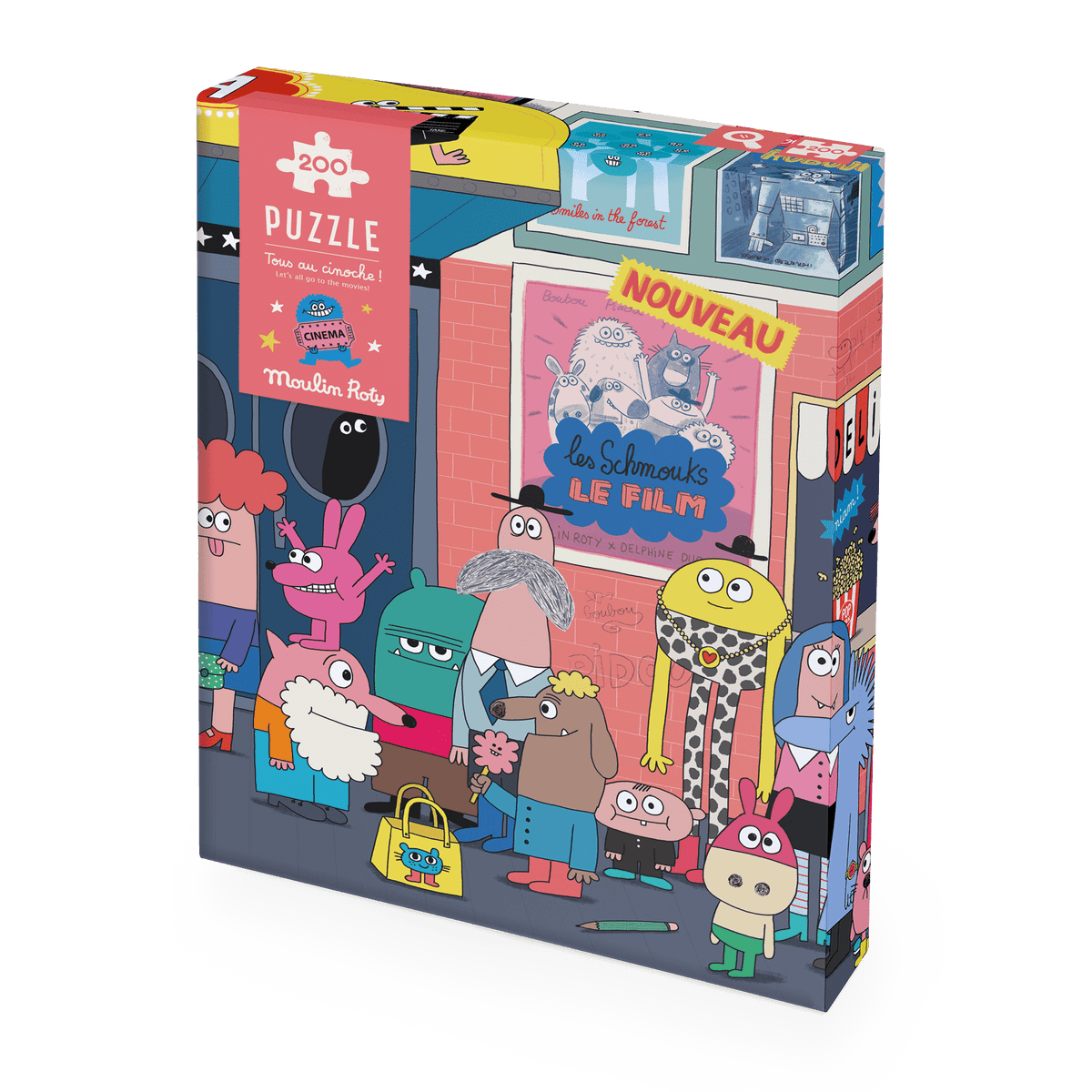 Moulin Roty Tous au cinoche! 200-piece puzzle box featuring colorful cartoon characters