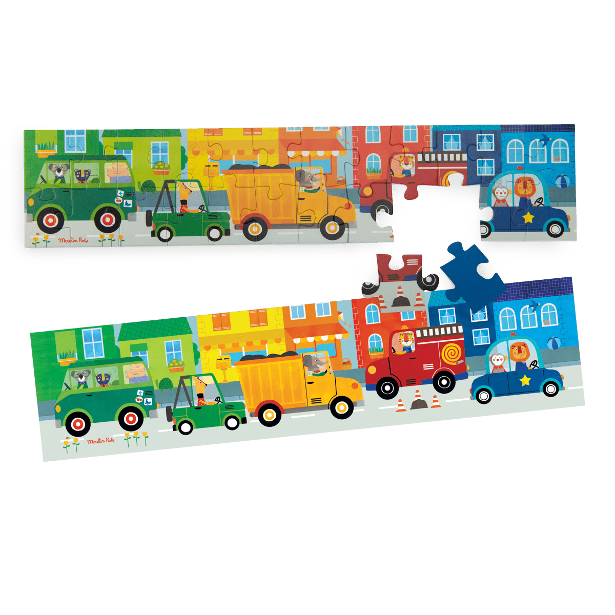 Assembled Moulin Roty animal vehicle puzzle with matching poster