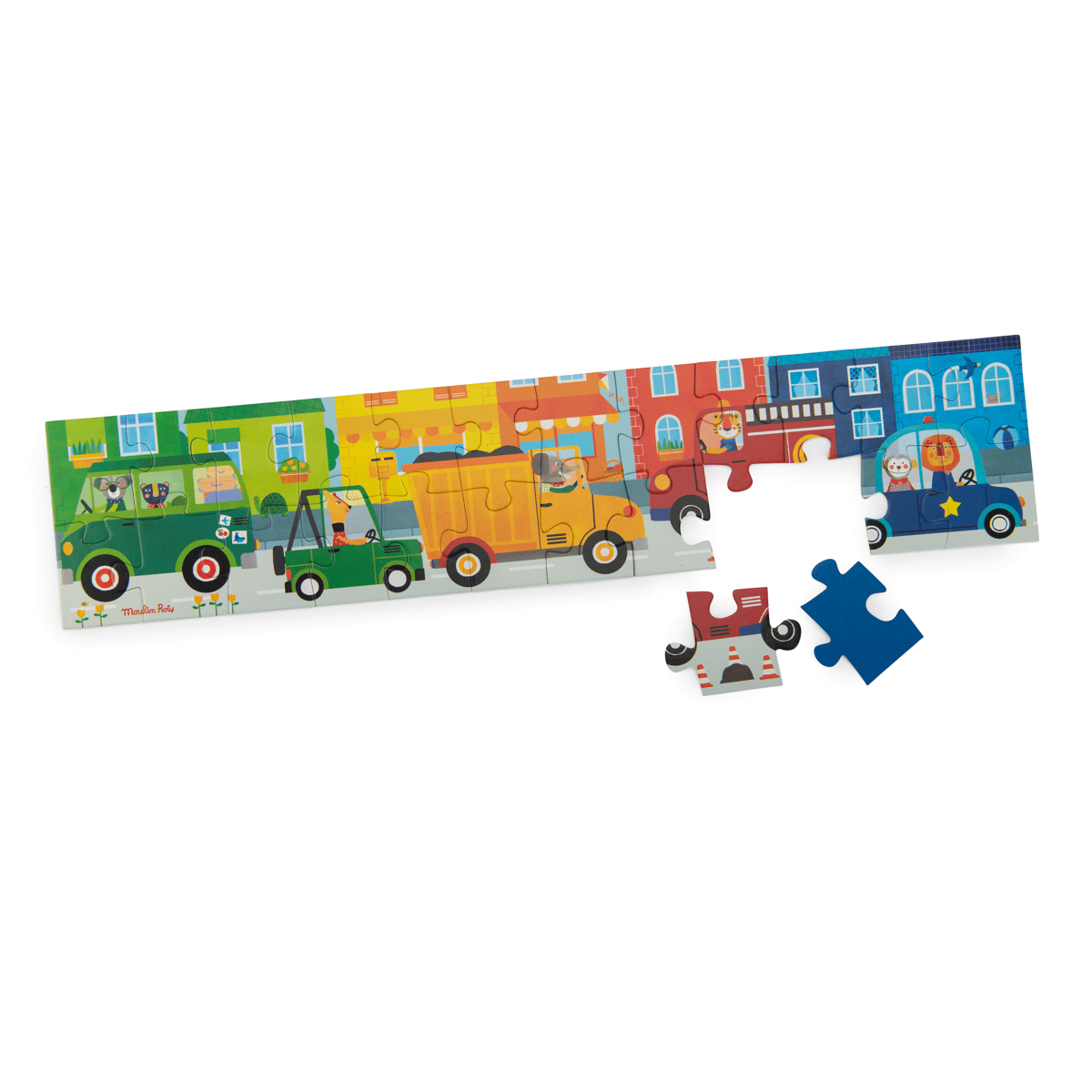 Partially assembled Moulin Roty vehicles jigsaw puzzle on white