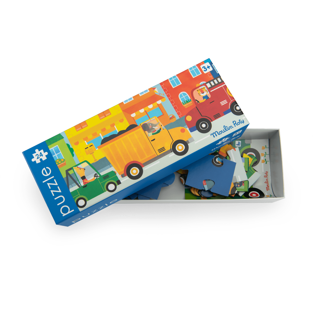 Open Moulin Roty vehicles puzzle box showing pieces and poster