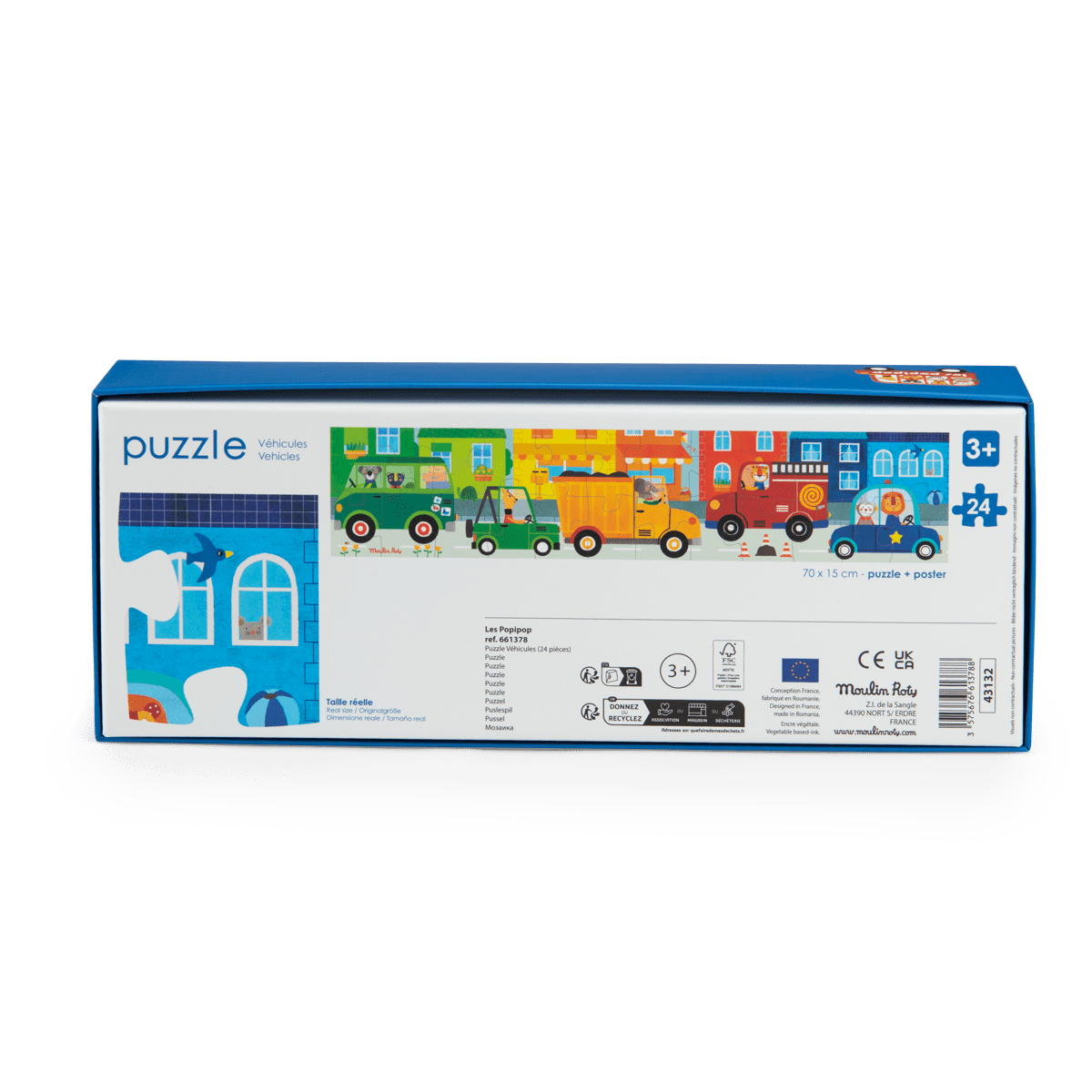 Back of Moulin Roty Vehicles puzzle box with dimensions and details